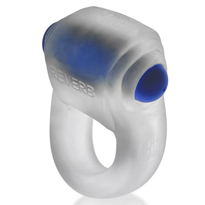 Clear white stretchy cockring with integrated blue bullet vibrator for discreet, comfortable stimulation.