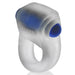 Clear white stretchy cockring with integrated blue bullet vibrator for discreet, comfortable stimulation.