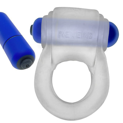 Clear stretch cockring with removable blue bullet vibrator labeled Reverb for targeted vibration stimulation.
