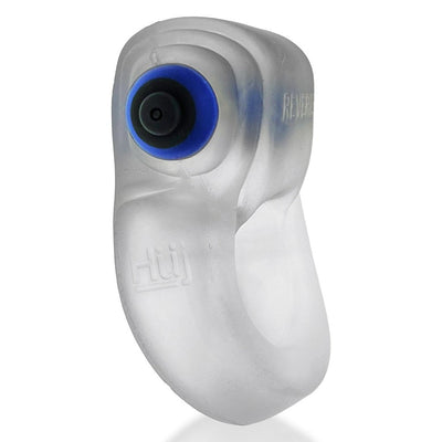 Clear frosted silicone cockring with integrated blue and black bullet vibrator on top, designed for comfort and stimulation.