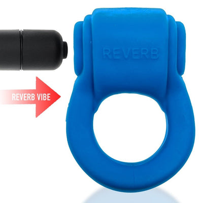 Blue stretchy cockring with removable black bullet vibrator labeled Reverb for versatile wear and stimulation.
