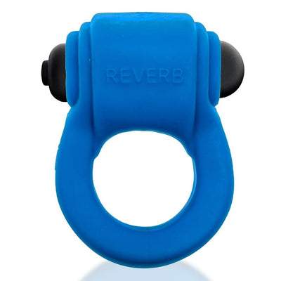 Blue stretchy cockring with integrated black bullet vibrator labeled Reverb, designed for comfortable wear and stimulation.