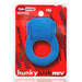 Blue rubbery cockring with bullet vibrator in red and black Hunkyjunk packaging