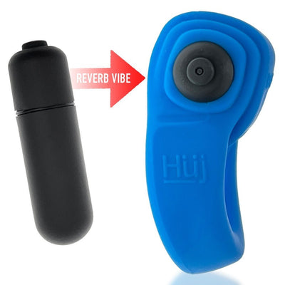 Blue rubbery cockring with attached black bullet vibrator and red arrow pointing to the vibe component.