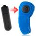 Blue rubbery cockring with attached black bullet vibrator and red arrow pointing to the vibe component.