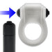 White stretchy cockring with removable black bullet vibrator shown separately with blue arrow indicating insertion.