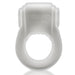 White stretchy rubbery cockring with integrated bullet vibrator, smooth matte finish, compact design.