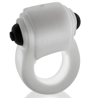 White stretchy cockring with integrated black bullet vibrator, smooth matte finish, compact and curved design.