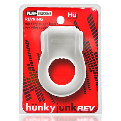 Hunkyjunk Revring white rubbery cockring with bullet vibrator in red and black branded packaging.