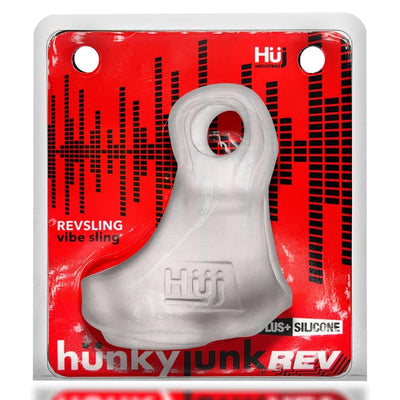 Hunkyjunk Revsling cock and ball sling in frosted silicone packaging with red and black graphic background.
