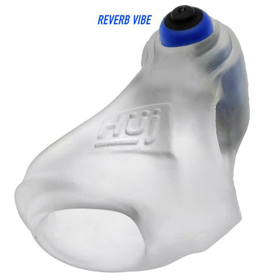 Clear silicone cock and ball sling with integrated blue and black bullet vibrator and embossed Hünkyjunk logo.