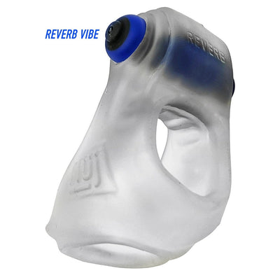 Clear silicone cock and ball sling with integrated blue bullet vibrator labeled Reverb Vibe by Hunkyjunk