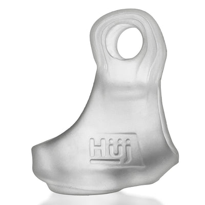 Clear frosted silicone cock and ball sling with integrated bullet vibrator and embossed Hünkyjunk logo.