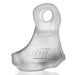 Clear frosted silicone cock and ball sling with integrated bullet vibrator and embossed Hünkyjunk logo.