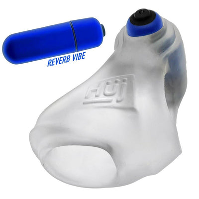 Clear silicone cock and ball sling with blue bullet vibrator labeled Reverb Vibe, designed for comfort and stimulation.