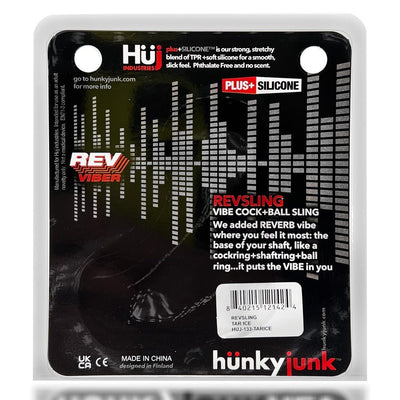 Hunkyjunk RevSling cock and ball sling packaging highlighting Plus+Silicone blend and built-in Reverb vibe features.