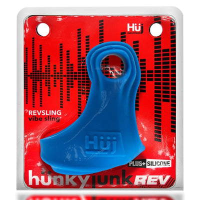 Blue Hunkyjunk Revsling cock and ball sling with bullet vibrator in red and black branded packaging.