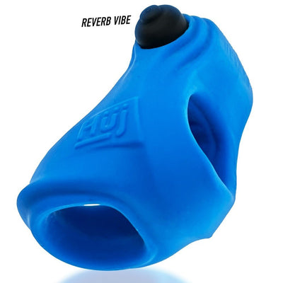 Blue Hunkyjunk Revsling cock and ball sling with top-mounted black bullet vibrator.