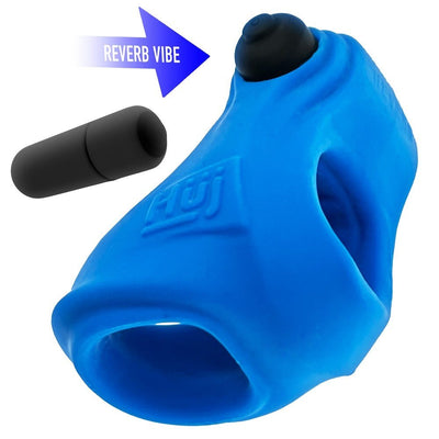 Blue rubbery cock and ball sling with removable black bullet vibrator and embossed logo detail.