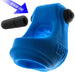 Blue Hunkyjunk Revsling cock and ball sling with removable black bullet vibrator shown separately with labeled arrow.