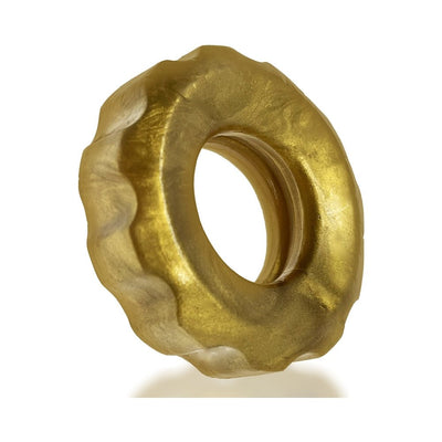 Glossy metallic bronze stretchy cockring with a textured wavy outer edge for secure, comfortable wear.