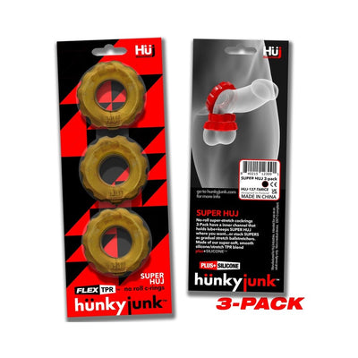 Packaging of Hunkyjunk Superhuj 3-pack cockrings in bronze color, showing three textured stretch rings and product details on the back.