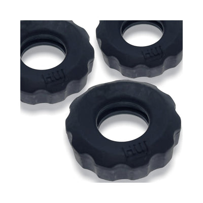 Three black textured stretchy cockrings with subtle hü branding on a white background