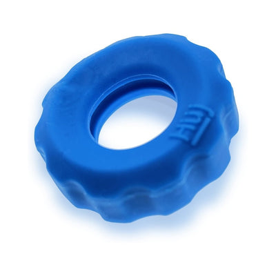 Blue stretchy silicone cockring with textured outer edge and inner lube channel by Hunkyjunk Superhuj series.