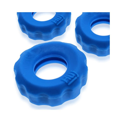 Three blue flexible textured cockrings with a matte finish, arranged on a white background.