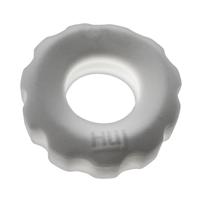 Clear ice textured stretchy cockring with scalloped edges and subtle branding detail