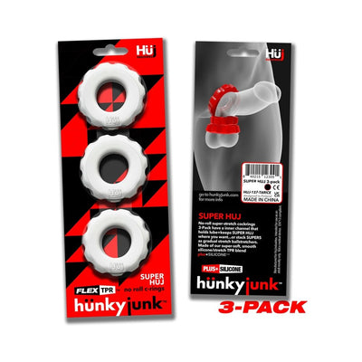 Hunkyjunk Superhuj 3-pack clear ice flexible cockrings in black and red packaging with product info and usage illustration.