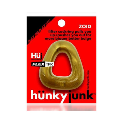 Hunkyjunk Zoid trapezoid lifter cockring in metallic bronze on red packaging with product details and branding.