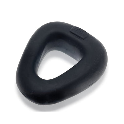 Black trapezoid-shaped flexible cockring with a smooth matte finish and rounded edges.