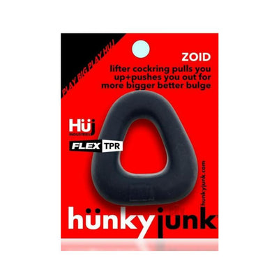 Black trapezoid-shaped lifter cockring on red Hunkyjunk branded packaging with product details and logo.