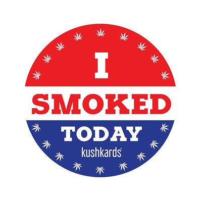 Round red, white, and blue sticker with "I Smoked Today" text and small leaf icons around the border.