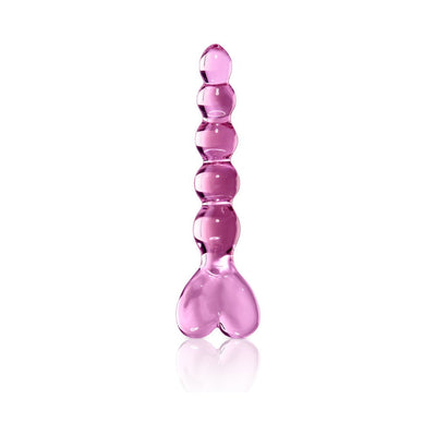 Pink glass beaded massager with a tapered tip and heart-shaped base, designed for elegant and precise stimulation.