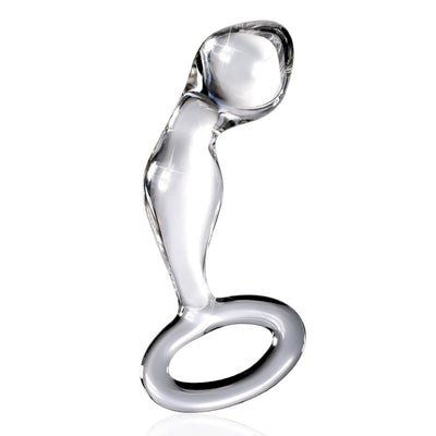 Clear hand-blown glass butt plug with curved design and safety ring base for secure, comfortable use.