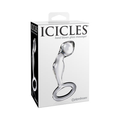 Packaging of Icicles No 46 clear hand-blown glass butt plug with curved design and safety ring base.