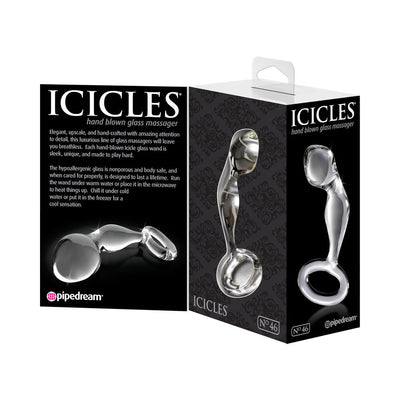 Icicles No 46 clear hand-blown glass butt plug with ergonomic shape and safety ring shown with black and white packaging.