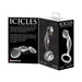 Icicles No 46 clear hand-blown glass butt plug with ergonomic shape and safety ring shown with black and white packaging.