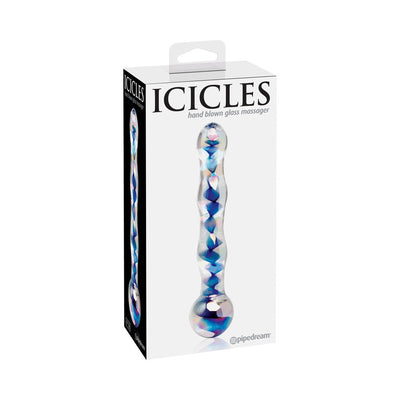 Icicles No. 8 hand-blown glass massager with blue and purple swirls in white retail packaging.