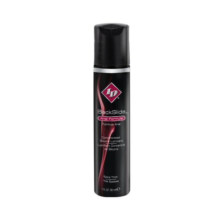 Bottle of ID Backslide silicone-based anal lubricant with black and pink label and black cap.