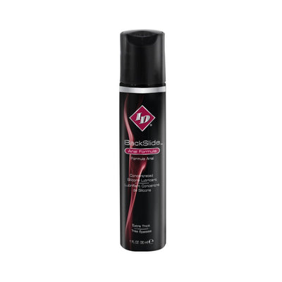 Bottle of ID Backslide silicone-based anal lubricant with black and pink label and black cap.