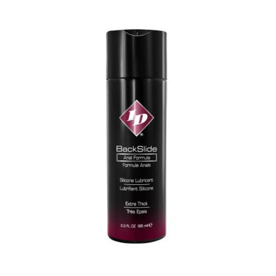 Bottle of ID BackSlide silicone-based anal lubricant with extra thick formula, 2.2 fl oz size, black and dark red packaging.