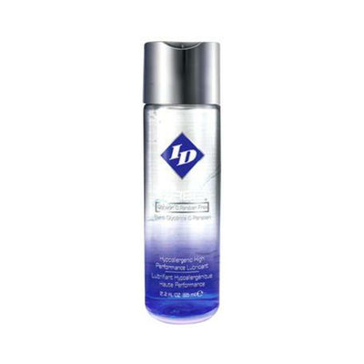 Clear and blue gradient bottle of Id Free hypoallergenic high-performance lubricant with silver cap on white background