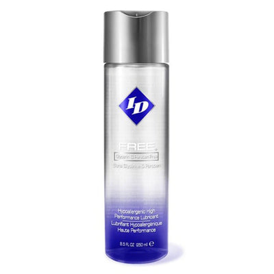 Clear and blue gradient bottle of ID Free hypoallergenic high-performance lubricant with silver cap.