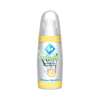 Bottle of ID Frutopia Banana flavored personal lubricant with clear pump and yellow accents.