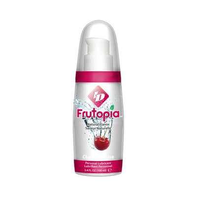 Bottle of ID Frutopia Cherry flavored personal lubricant with clear pump and pink accents, 3.4 fl oz.