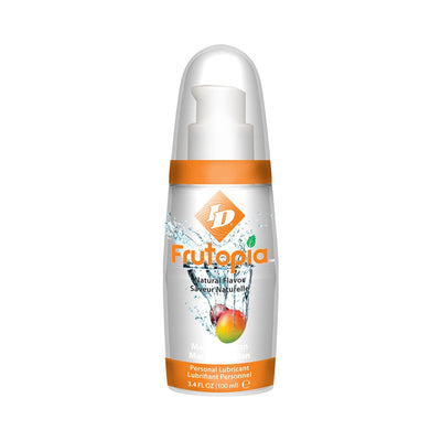 Bottle of Id Frutopia watermelon flavored personal lubricant with orange accents and clear pump dispenser.