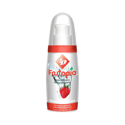 Bottle of ID Frutopia strawberry flavored personal lubricant with pump dispenser and clear cap.